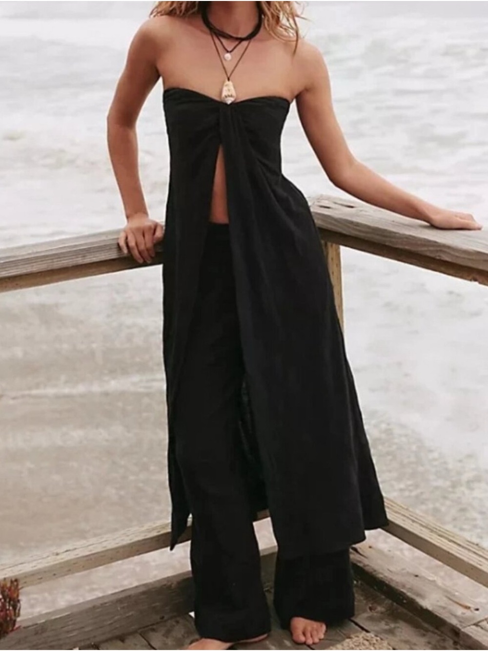 Free People M Bandita Black Strapless Tunic Top Front Knot boho natural linen